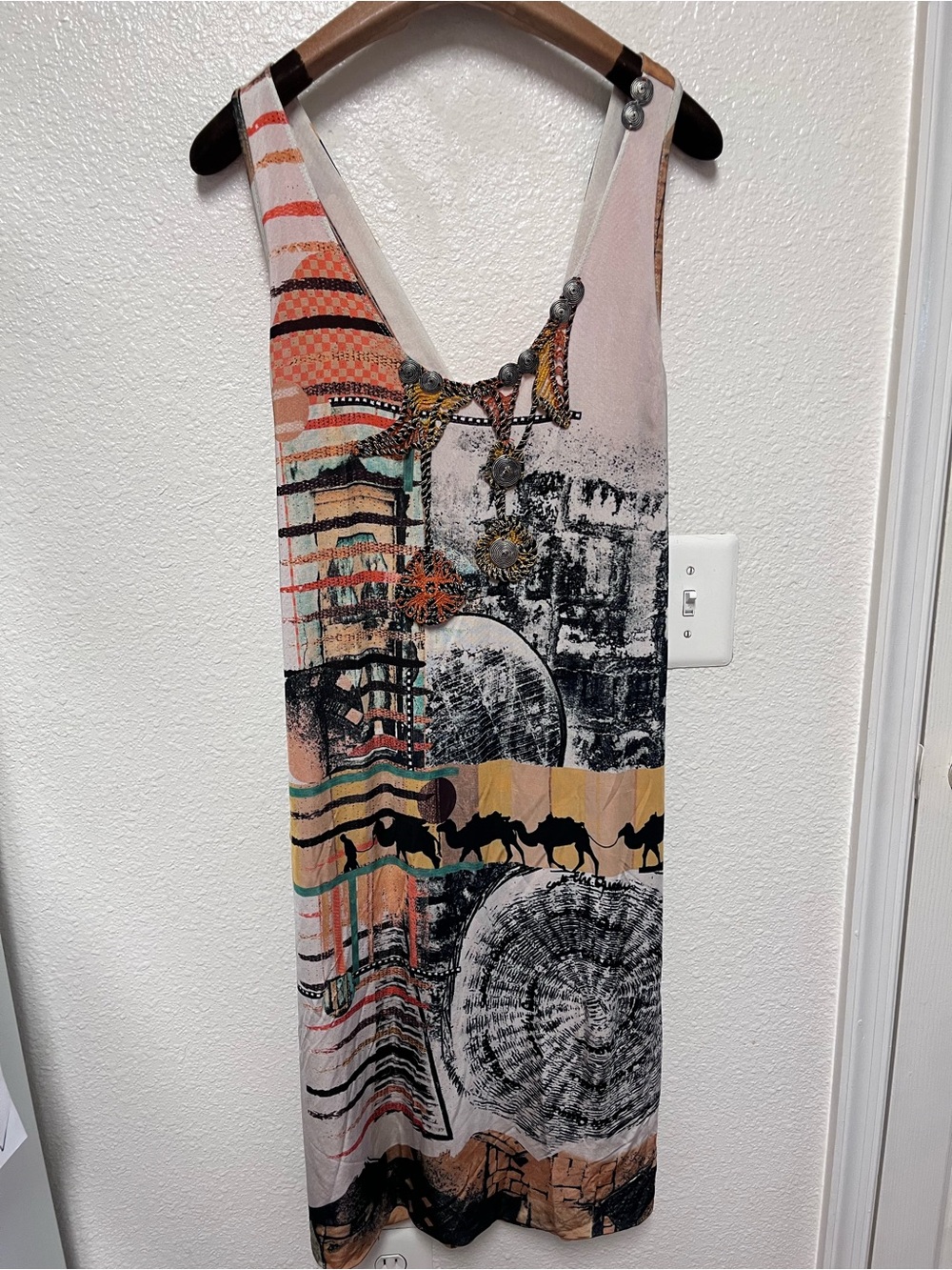 Vtg Save The Queen Graphic Tribal African Print Midi Dress  Boho Artsy Y2K Sz L